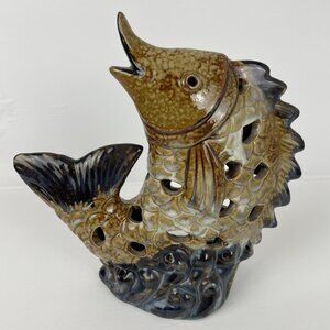 Glazed Pottery Fish Tea Light Votive Candle Holder